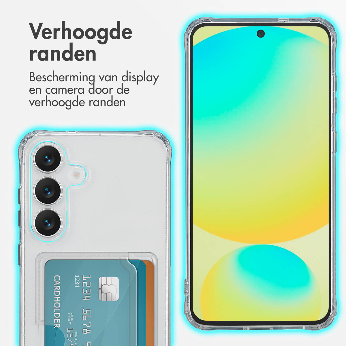 Un téléphone dans un étui transparent avec une carte de crédit. L'écran affiche un dégradé de couleurs. Texte en néerlandais en haut.