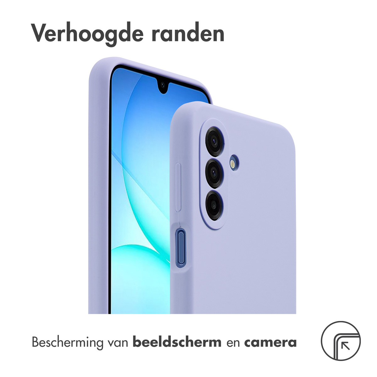 Twee lichtpaarse telefoonhoesjes. Eén toont een telefoonscherm. Tekst: 'Verhoogde randen' en 'Scherm- en camerabescherming'.