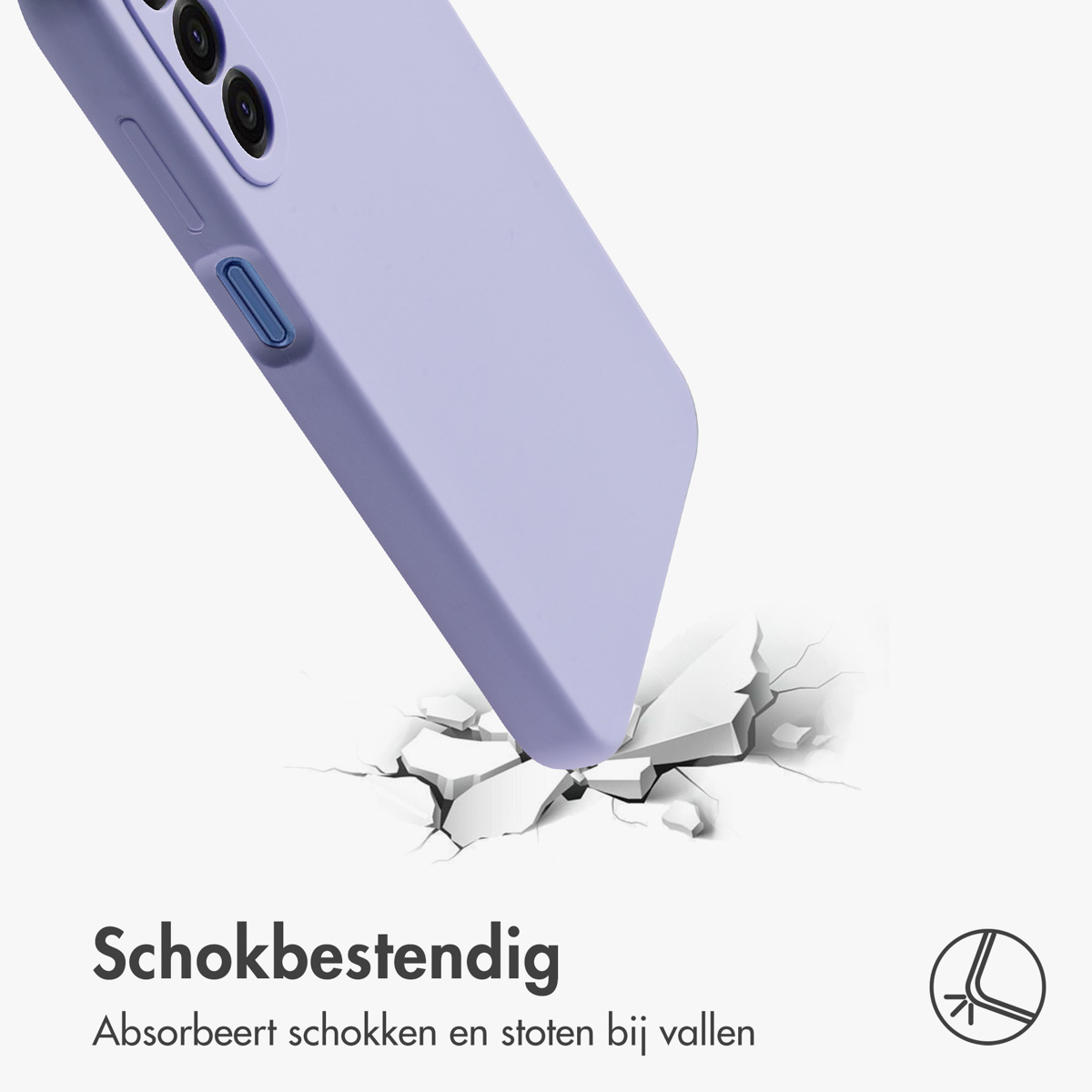 Een paarse telefoonhoes breekt een oppervlak. De hoes en het oppervlak zijn de belangrijkste objecten, in een studio-opname.
