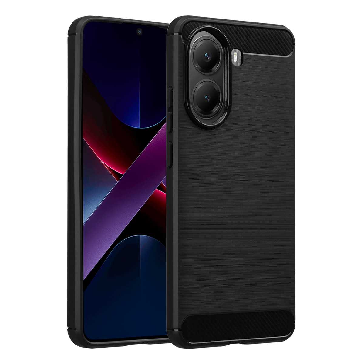 Uno smartphone nero con custodia. Lo schermo mostra un design astratto colorato. La custodia ha un retro strutturato e lenti della fotocamera.