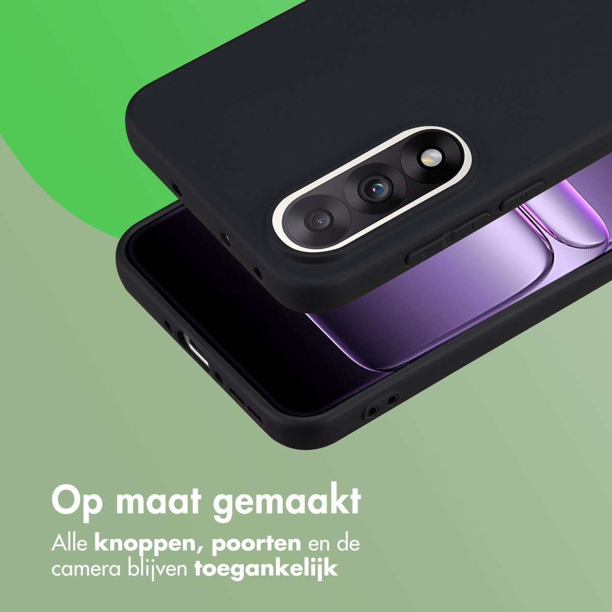 Custodia nera per telefono con dettaglio fotocamera, copre parzialmente lo schermo, su sfondo verde e bianco.
