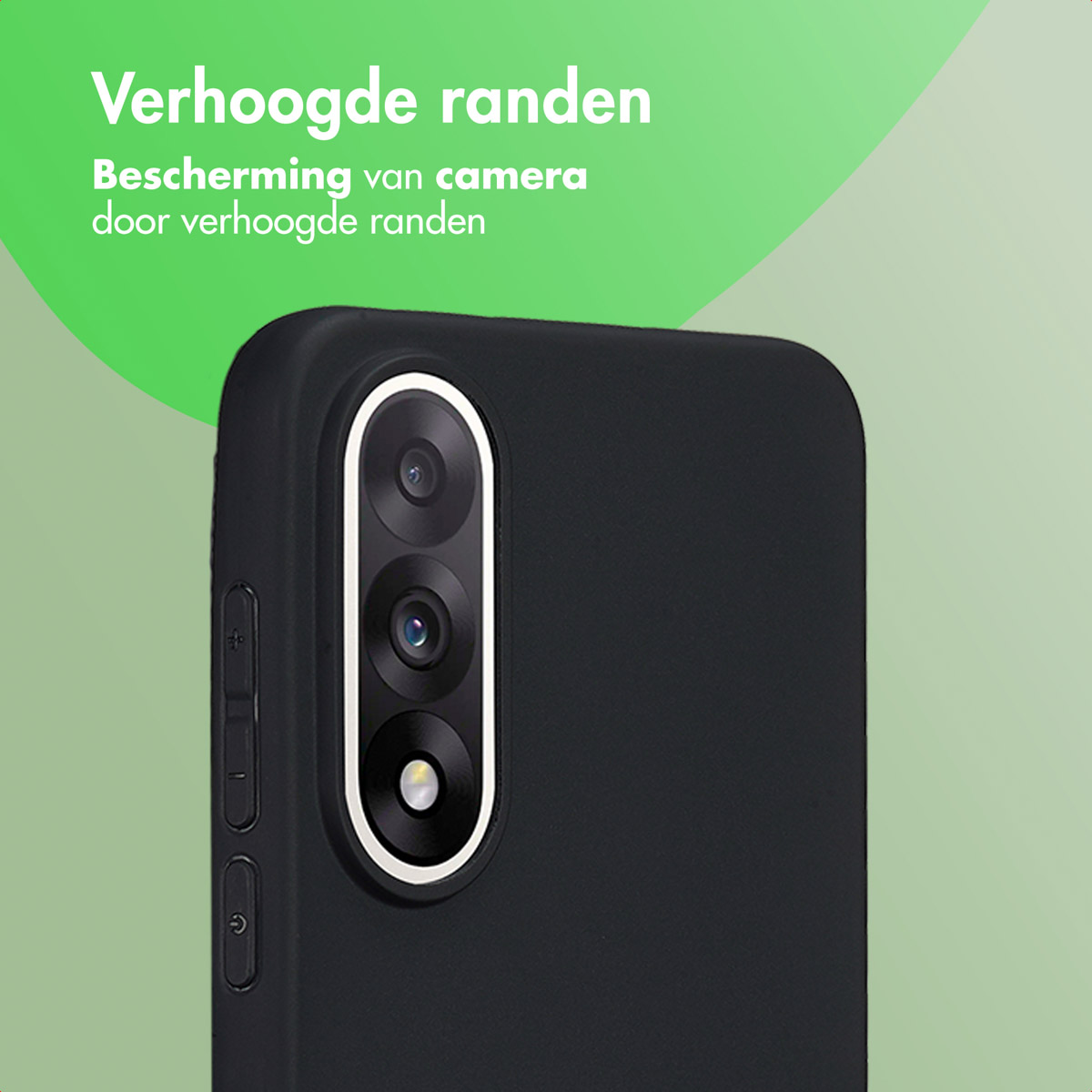 Primo piano di una custodia nera per telefono con lenti della fotocamera. Il testo sopra indica la protezione della fotocamera. Sfondo verde e bianco.