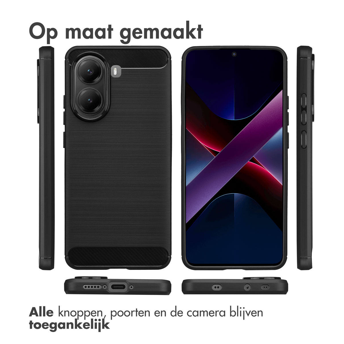 Custodia nera e telefono esposto. Pulsanti, porte e fotocamera accessibili. Testo in alto e in basso.