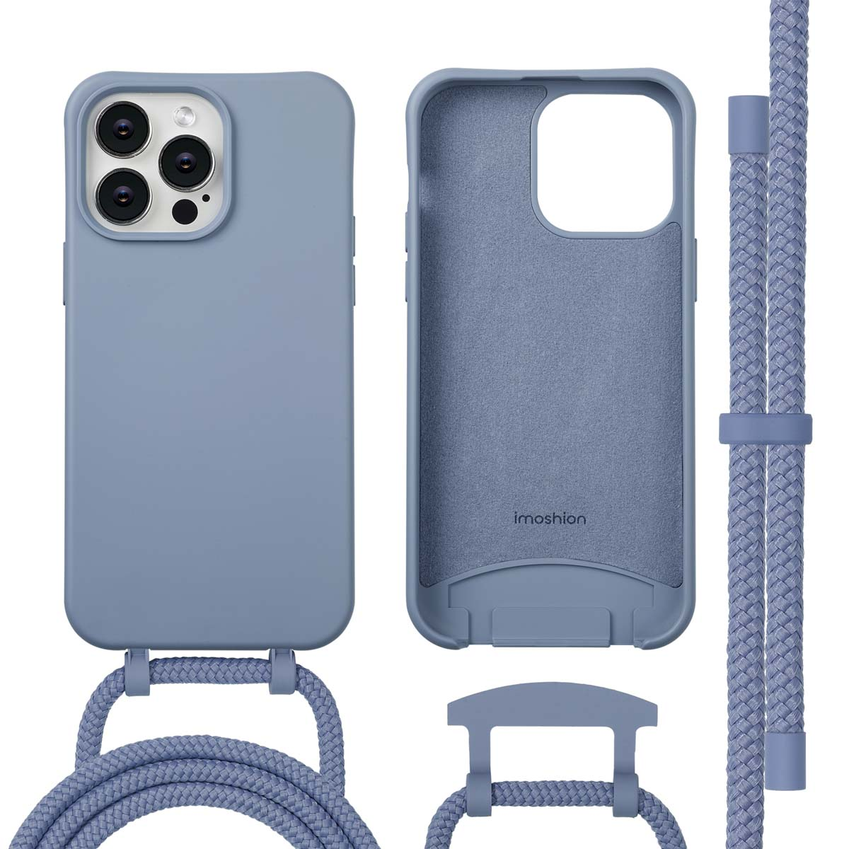 Een blauwe telefoonhoesjes set, inclusief twee hoesjes, een koord en een houder. De hoesjes tonen de buiten- en binnenkant.