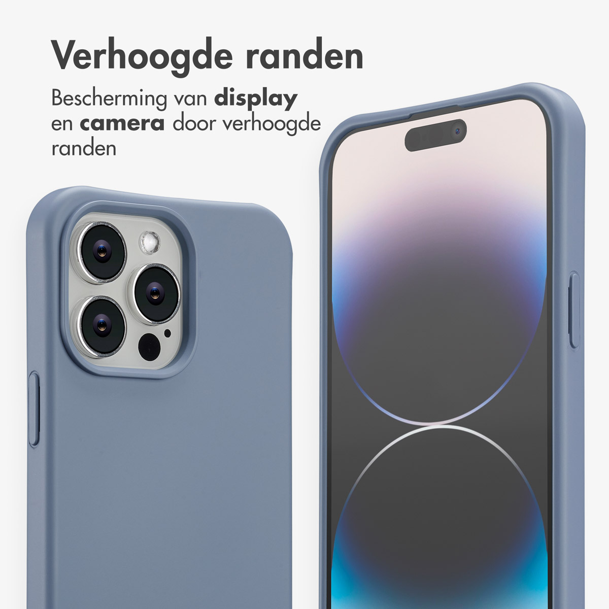 Close-up van een blauwe telefoonhoes en een telefoon. Tekst: 'Verhoogde randen' en 'Bescherming van display en camera'.