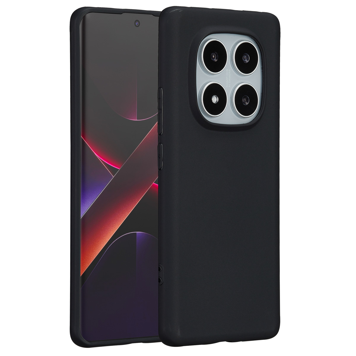 Een zwarte smartphone in een zwarte hoes. De telefoon heeft een groot scherm en vier cameralenzen. De achtergrond is wit.