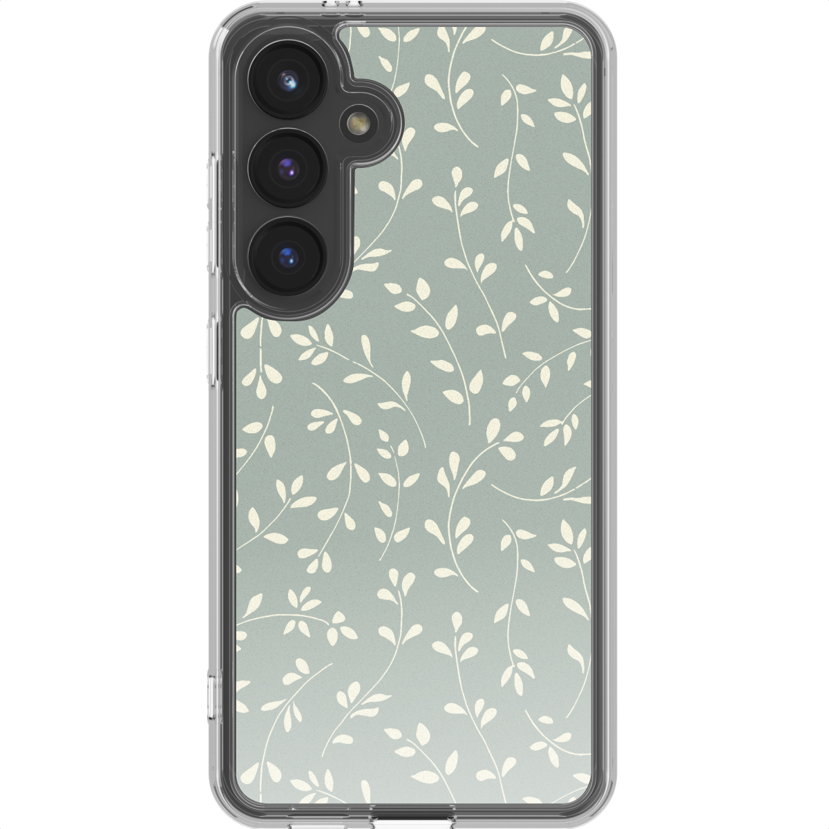 Un smartphone avec un étui transparent. L'arrière du téléphone présente un motif vert clair de feuilles et de tiges blanches.