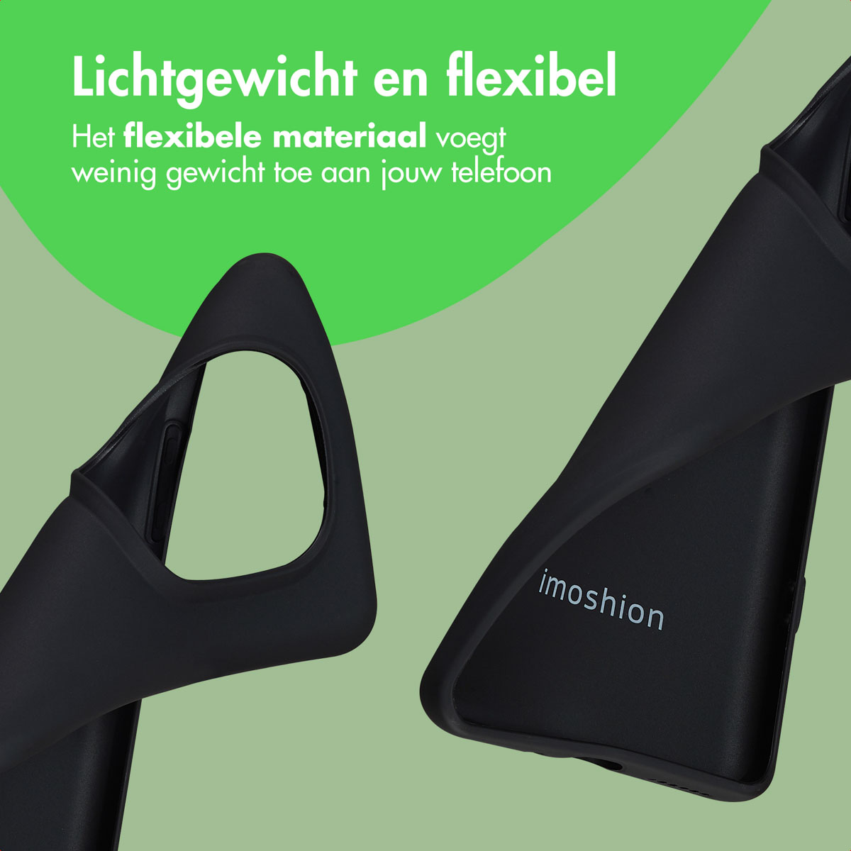 Zwarte telefoonhoesjes op een groene achtergrond. Eén hoesje is open, de andere gesloten met 'imoshion'. Tekst in het Nederlands bovenaan.