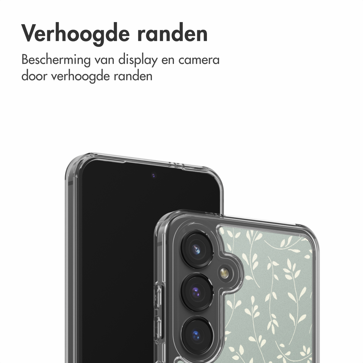 Un smartphone dans un étui transparent. L'étui a un motif floral. Le téléphone est sur fond blanc, avec du texte en néerlandais.