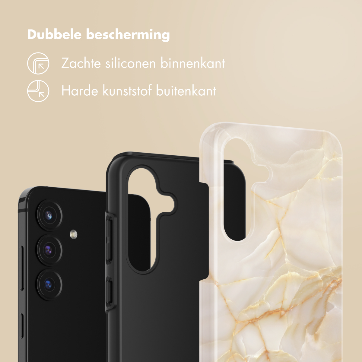 L'immagine mostra custodie per telefoni. Un telefono nero, una custodia nera e una custodia bianca con motivo marmoreo. Testo in alto: Doppia protezione.