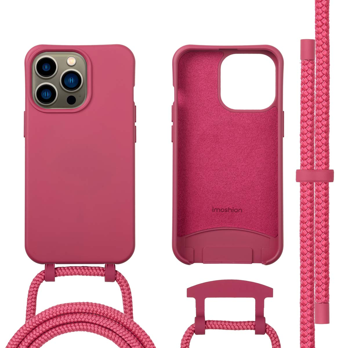 Een magenta telefoonhoesje met een bijpassend koord, een apart hoesonderdeel en koordbevestigingen worden getoond.