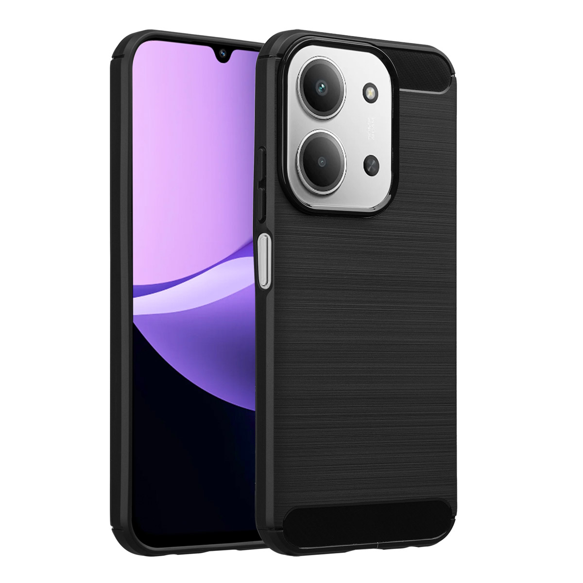 Een zwarte smartphonehoes met een getextureerde achterkant en een telefoon met een paars scherm. De hoes heeft een dubbele camera.