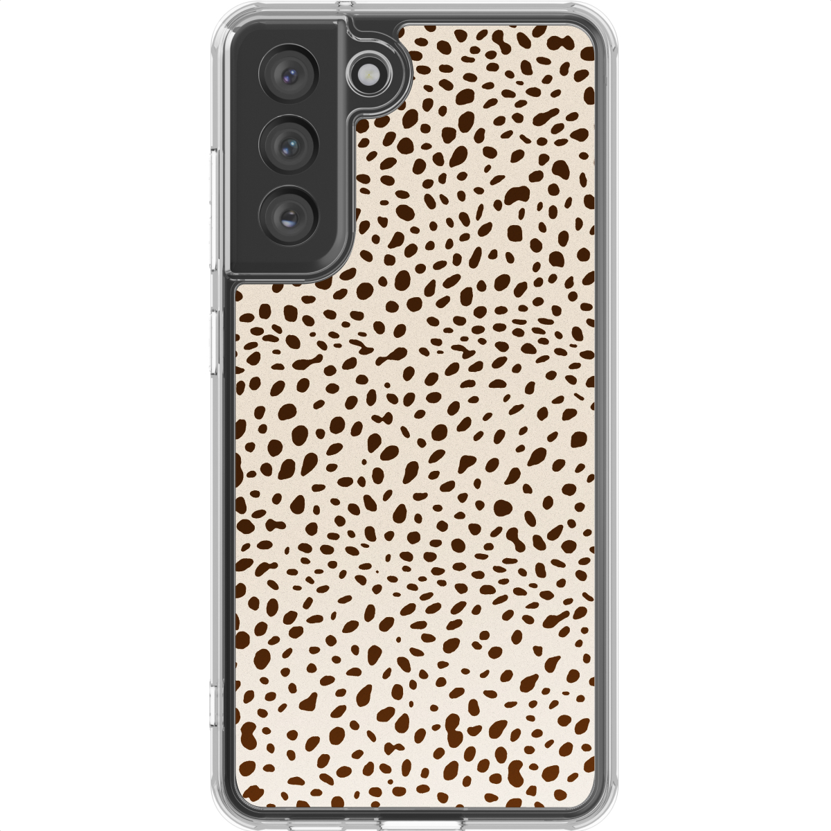 Een telefoonhoesje met een bruin en beige dalmatiërpatroon. De telefoon heeft een doorzichtige hoes met een cameramodule linksboven.