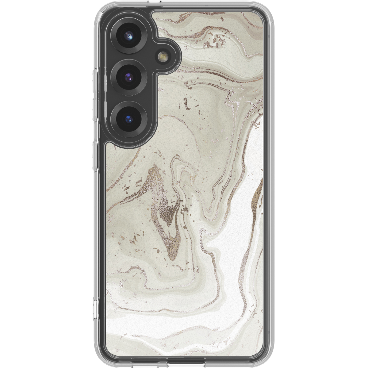 Een telefoonhoesje met een marmeren design. De hoes is transparant met een golvend patroon van goud en wit. Een zwarte camera linksboven.