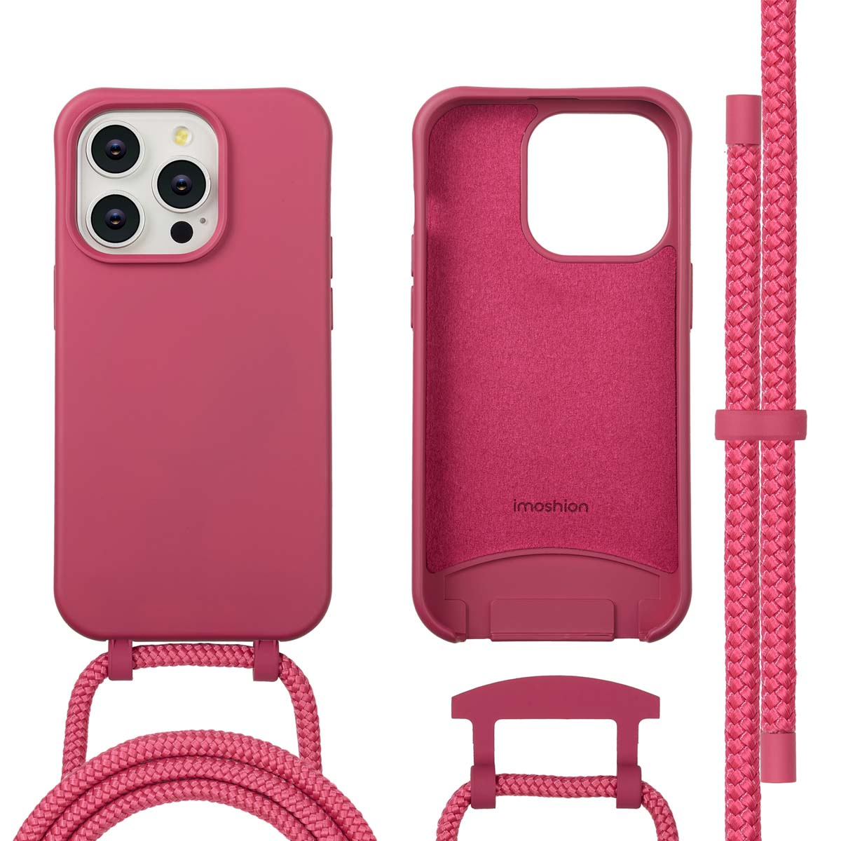 Een roze telefoonhoesje, een lanyard en een bijpassend interieur van de hoes worden getoond. Componenten zijn gescheiden, hun kenmerken tonen.