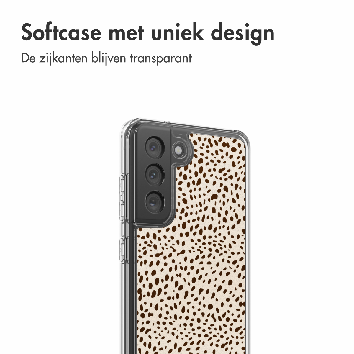 Een telefoonhoesje met een uniek design. De hoes is transparant met bruine vlekken op een beige achtergrond. De camera's van de telefoon zijn zichtbaar.