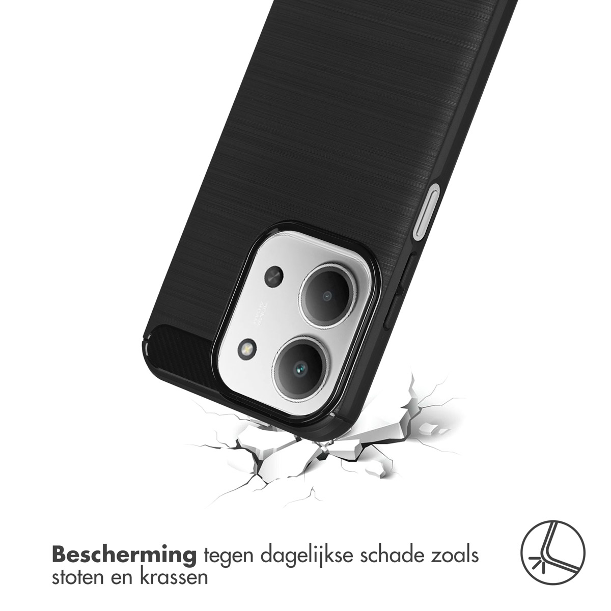 Zwarte telefoonhoes met cameralenzen, die een oppervlak raakt. Witte scheuren eronder. Tekst: Bescherming tegen dagelijkse schade zoals stoten en krassen.