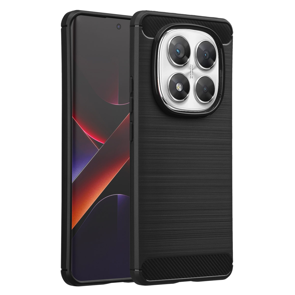 Een zwarte telefoonhoes met een getextureerde achterkant en een telefoon erin. De hoes heeft een cameragedeelte met vier lenzen.