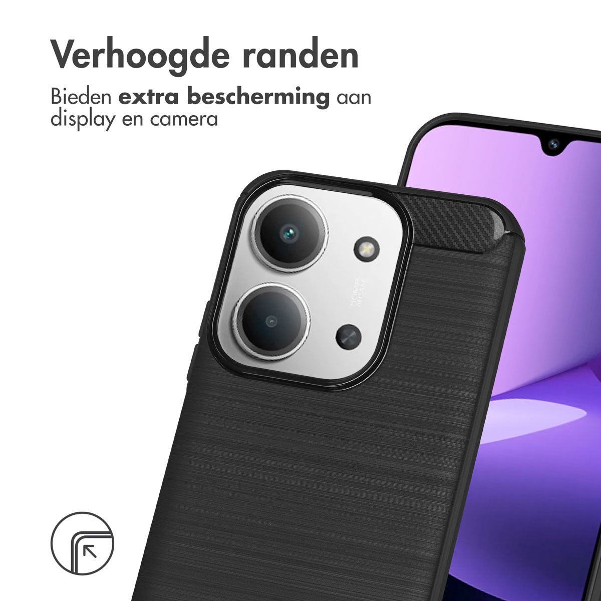 Een zwarte telefoonhoes met cameramodule en een paars telefoonscherm. Tekst bovenaan: Verhoogde randen. Bescherming.