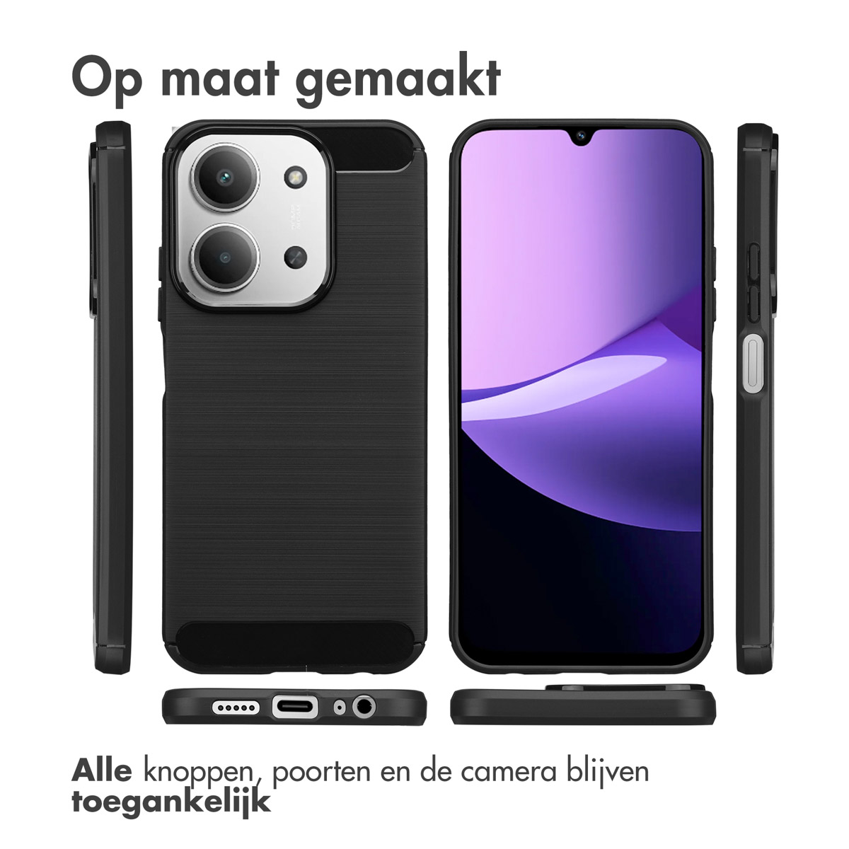 Zwarte telefoonhoes met telefoon erin. Tekst 'Op maat gemaakt' bovenaan. Onderaan tekst 'Alle knoppen, poorten en de camera blijven toegankelijk'.