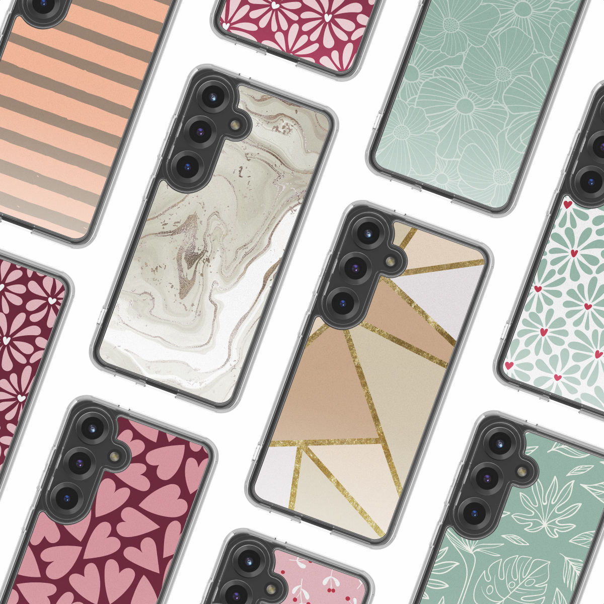 Meerdere smartphones met diverse patronen, waaronder bloemen, geometrische en abstracte ontwerpen, worden weergegeven op een witte achtergrond.