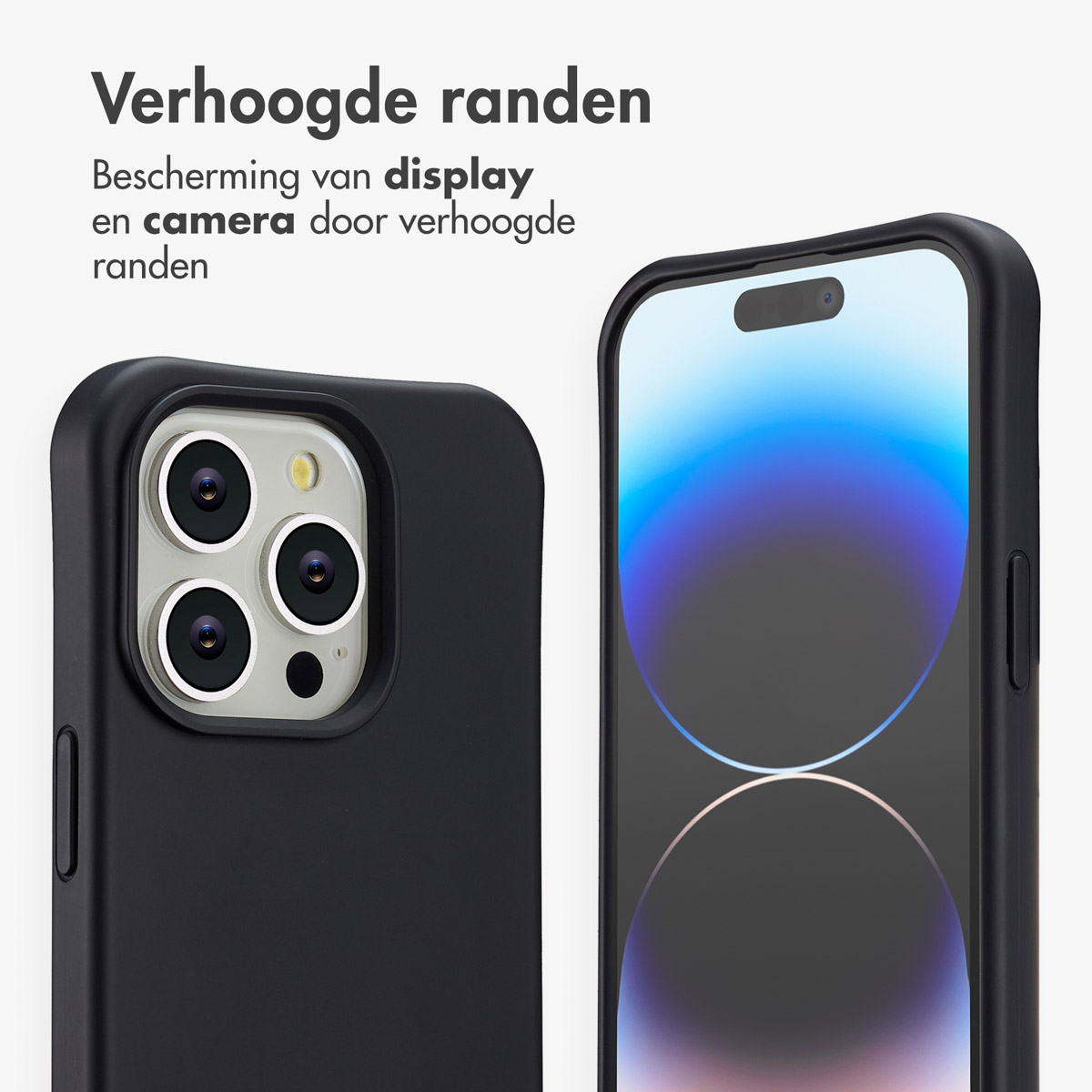 Close-up van twee smartphones in zwarte hoesjes. Eén toont de cameralenzen, de andere het scherm. Tekst bovenaan beschrijft de verhoogde randen.