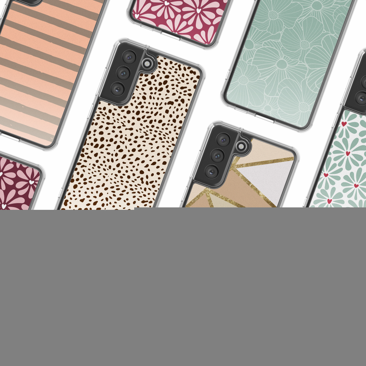 Diversi smartphone con cover decorate, tra cui righe, leopardo e fiori.