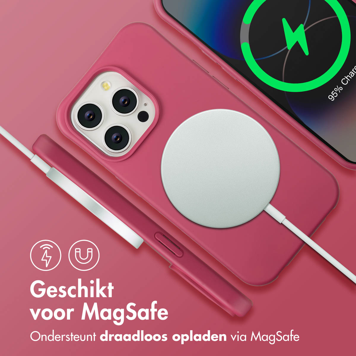 Een roze telefoonhoesje met een MagSafe-oplader. De telefoon toont een groen oplaadsymbool. Tekst: Geschikt voor MagSafe, ondersteunt draadloos opladen.