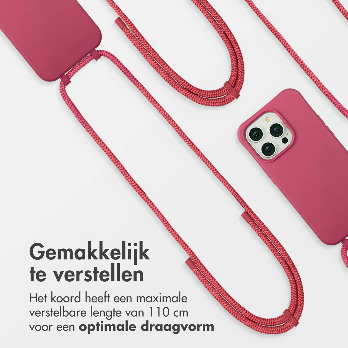 Een roze telefoonhoesje met een koord, de tekst zegt: gemakkelijk aan te passen, het koord heeft een max. verstelbare lengte van 110 cm.