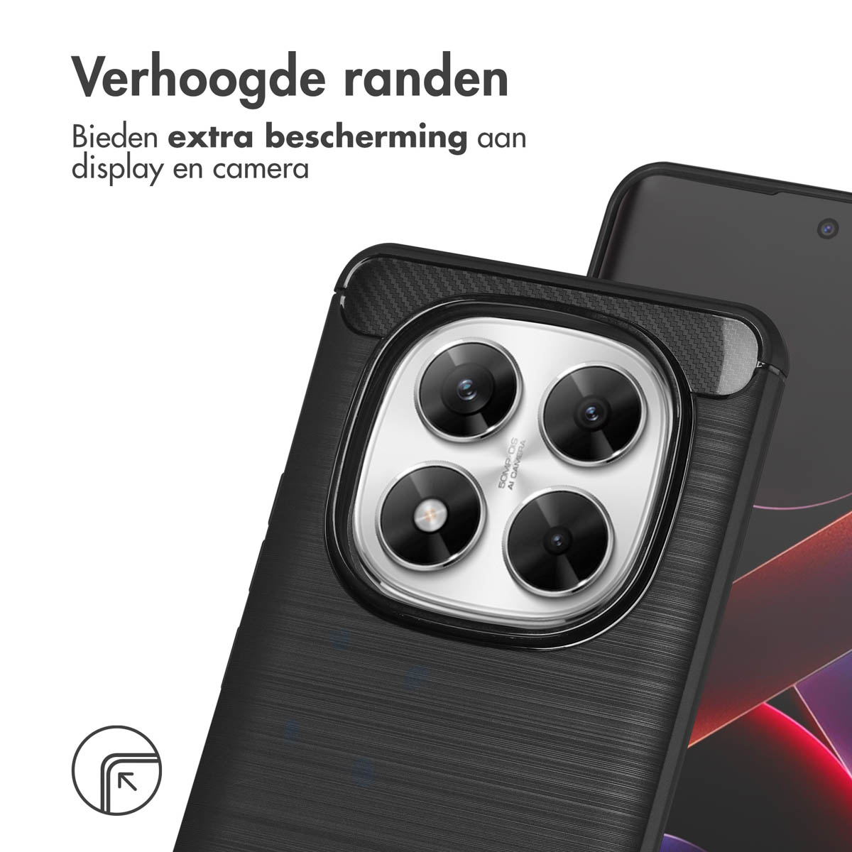 Een close-up van een zwarte telefoonhoes met cameramodule. De tekst luidt 'Verhoogde randen' en 'Bieden extra bescherming'.
