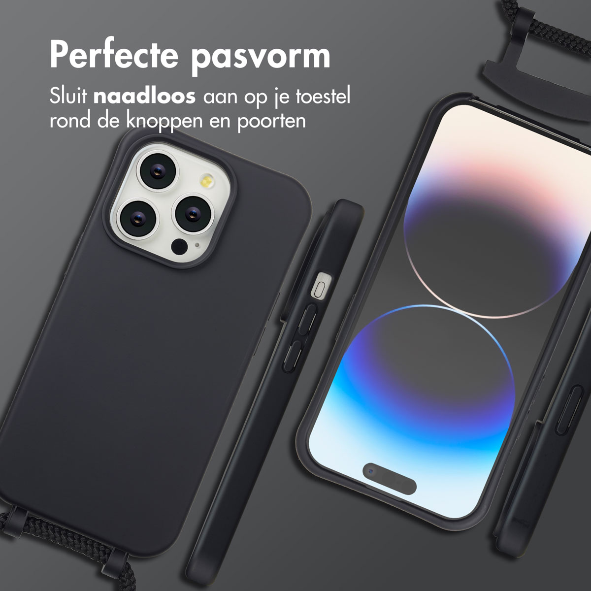 Zwarte telefoonhoesjes met een telefoon erin. Hoesjes hebben een riem en knoppen. De tekst bovenaan zegt 'Perfecte pasvorm'.