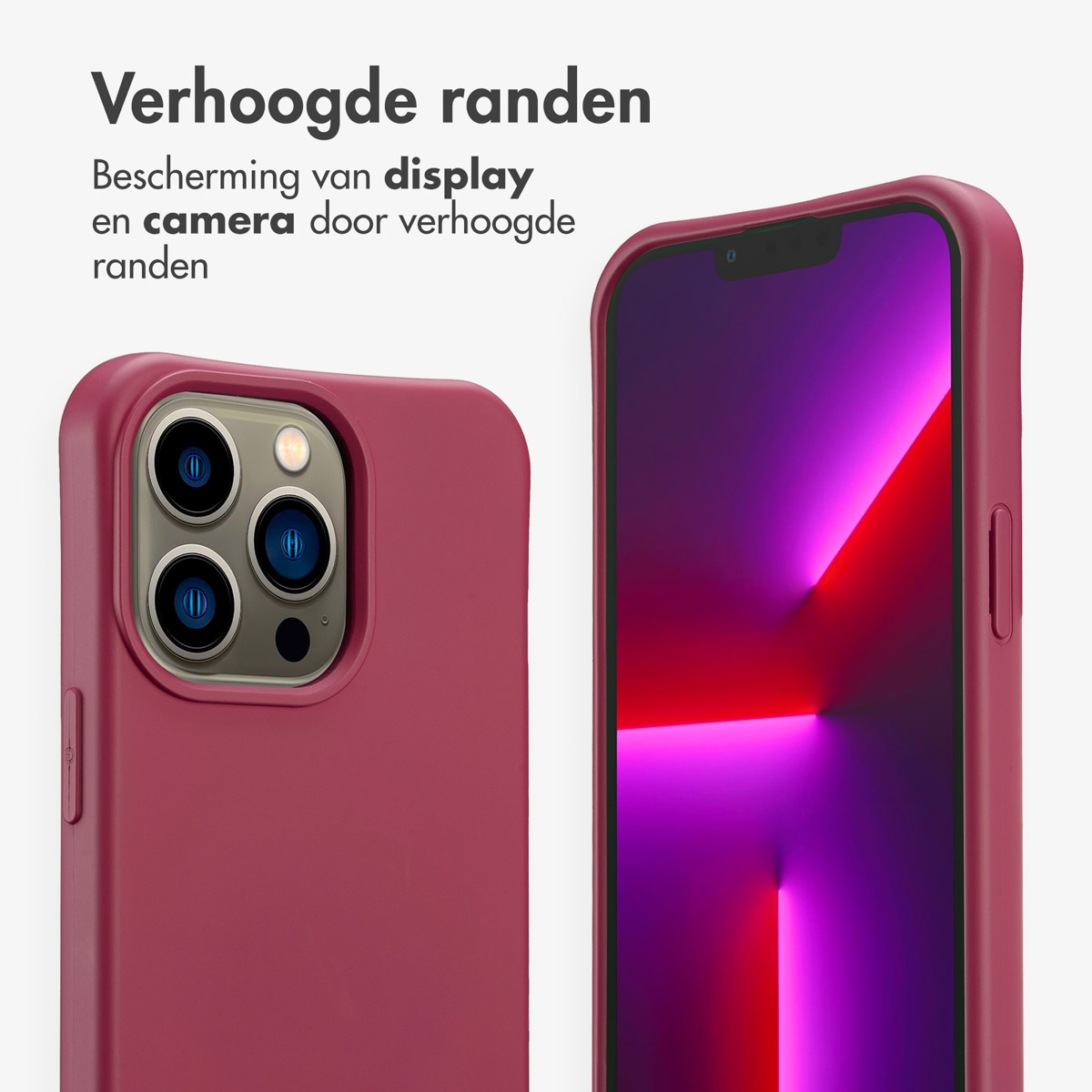 Twee bordeauxrode iPhone-hoesjes met verhoogde randen voor scherm- en camerabescherming, tegen een witte achtergrond. Tekst aanwezig.