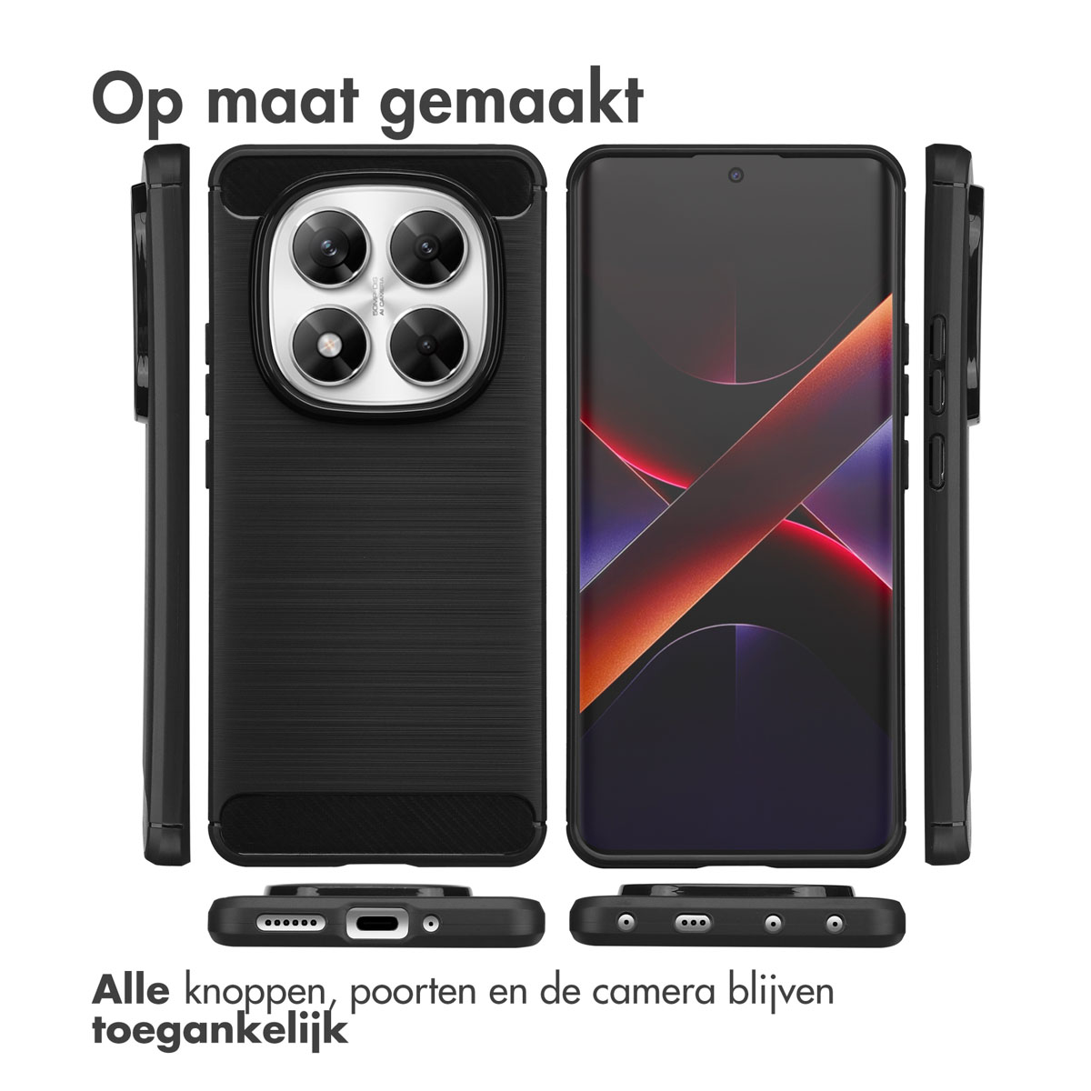 Zwarte telefoonhoes met telefoon erin. De hoes heeft camera-uitsparingen en knoopopeningen. Tekst boven en onder.