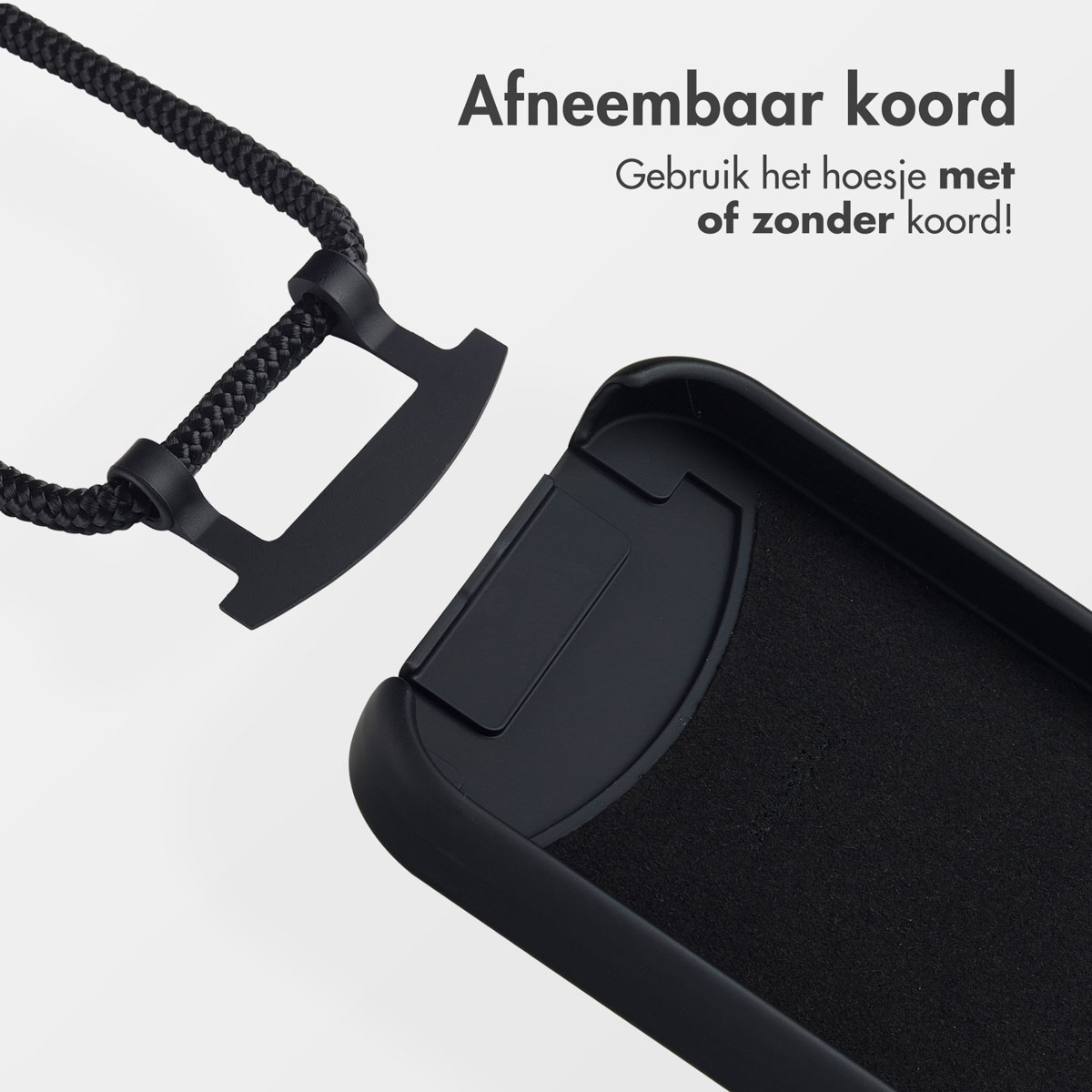 Zwarte telefoonhoes en afneembaar zwart koord. Tekst: 'Afneembaar koord. Gebruik de hoes met of zonder het koord!'