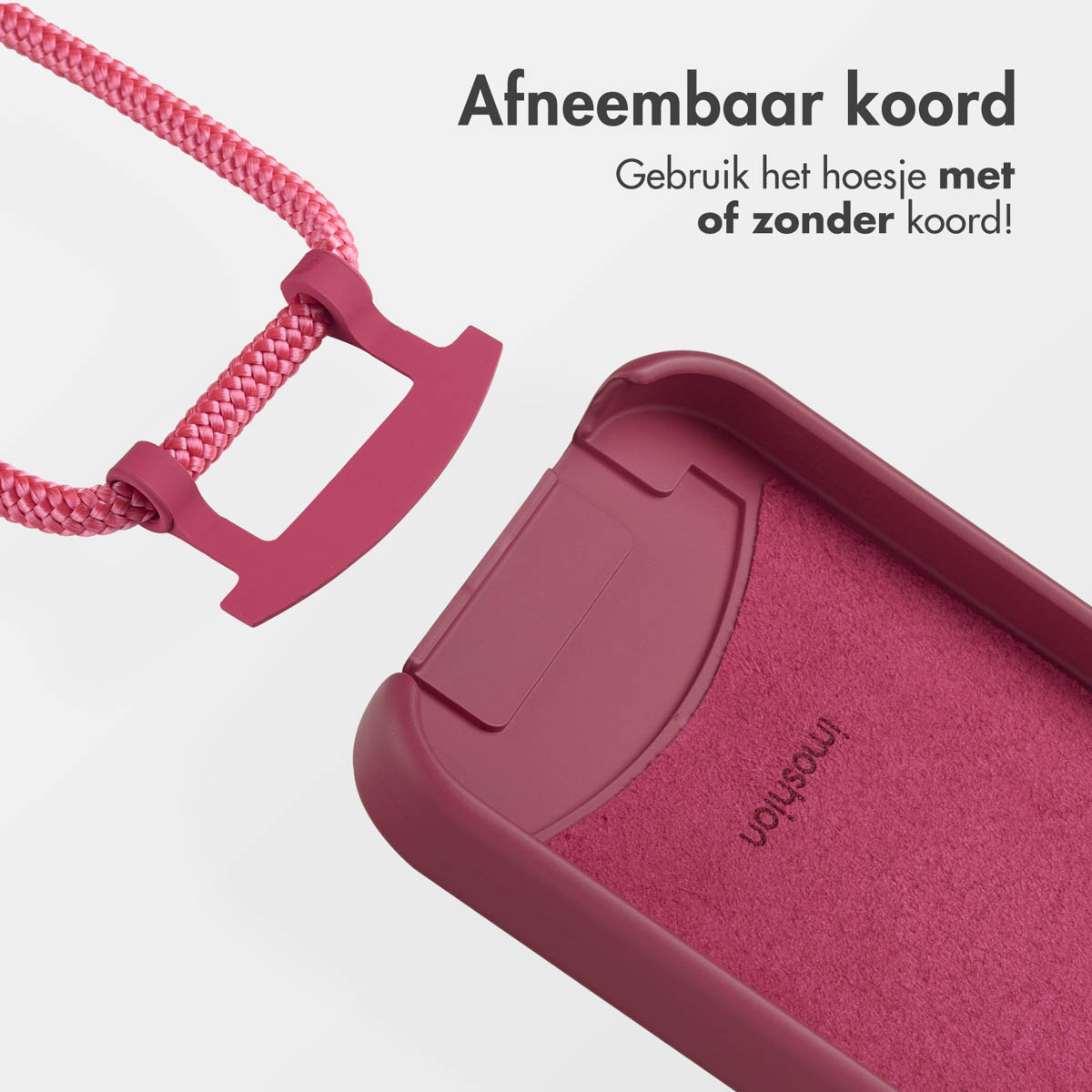 Een roze telefoonhoesje met afneembaar koord. Tekst: 'Afneembaar koord'. Hoesje en koord op witte achtergrond.
