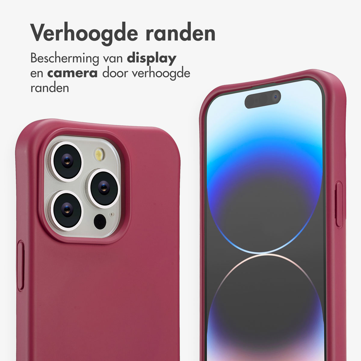 Twee smartphones in rode hoesjes. Eén toont de achterkant met camera's, de ander het scherm. Nederlandse tekst.