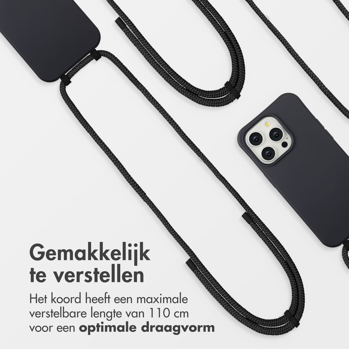 Zwarte telefoon met zwart koord. Tekst onderaan: 'Gemakkelijk te verstellen'. Het koord heeft een verstelbare lengte van 110 cm.