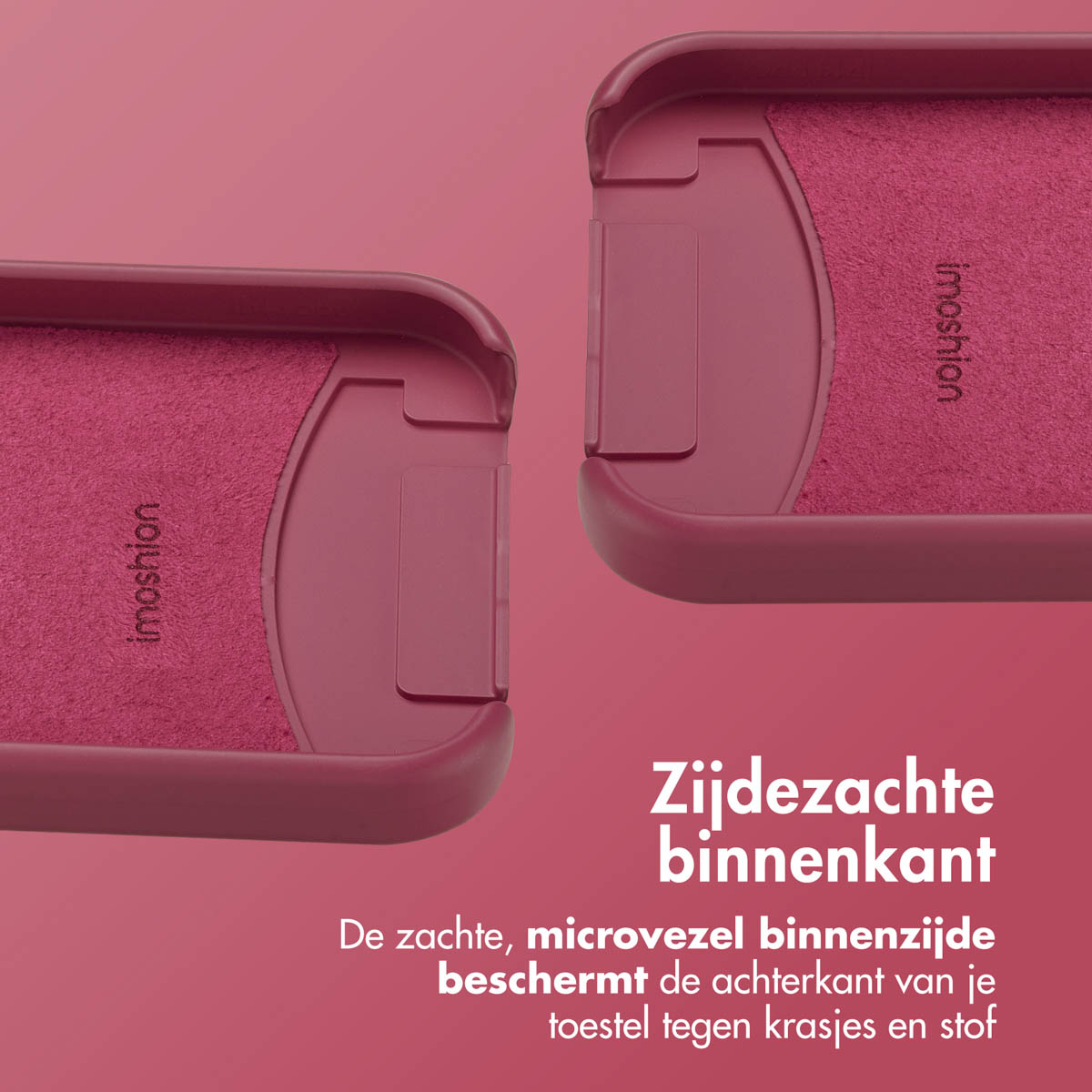 Twee bordeauxrode telefooncasehelften, één met de merknaam, op een bijpassende achtergrond. Tekst: 'zachte binnenkant'.