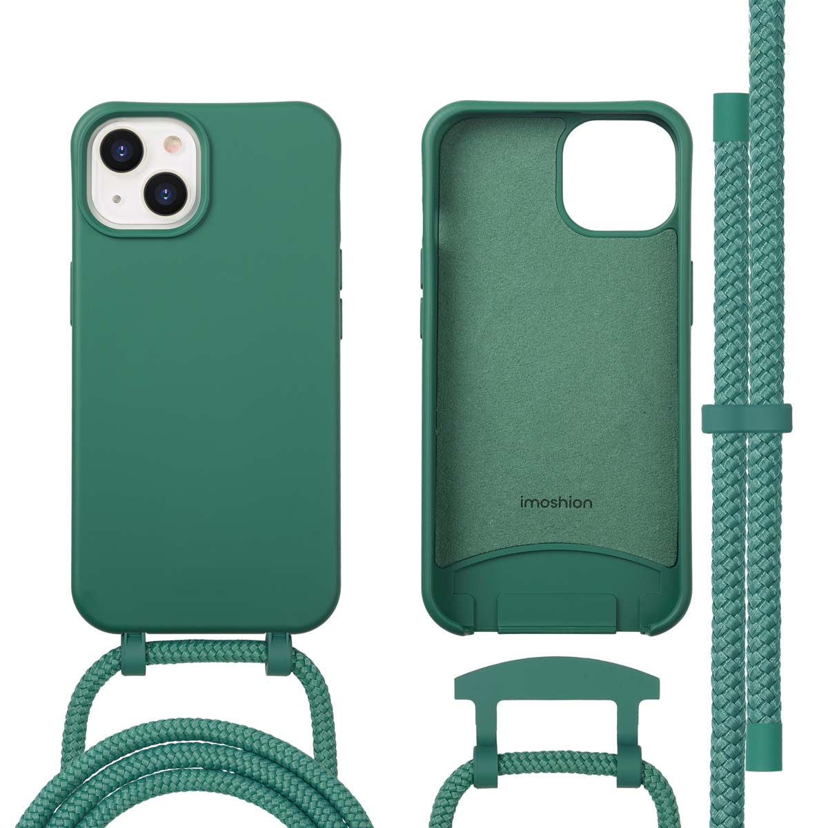 Groene telefoonhoes met bijpassend koord. De hoes wordt gemonteerd en gedemonteerd getoond, met de merknaam op één.