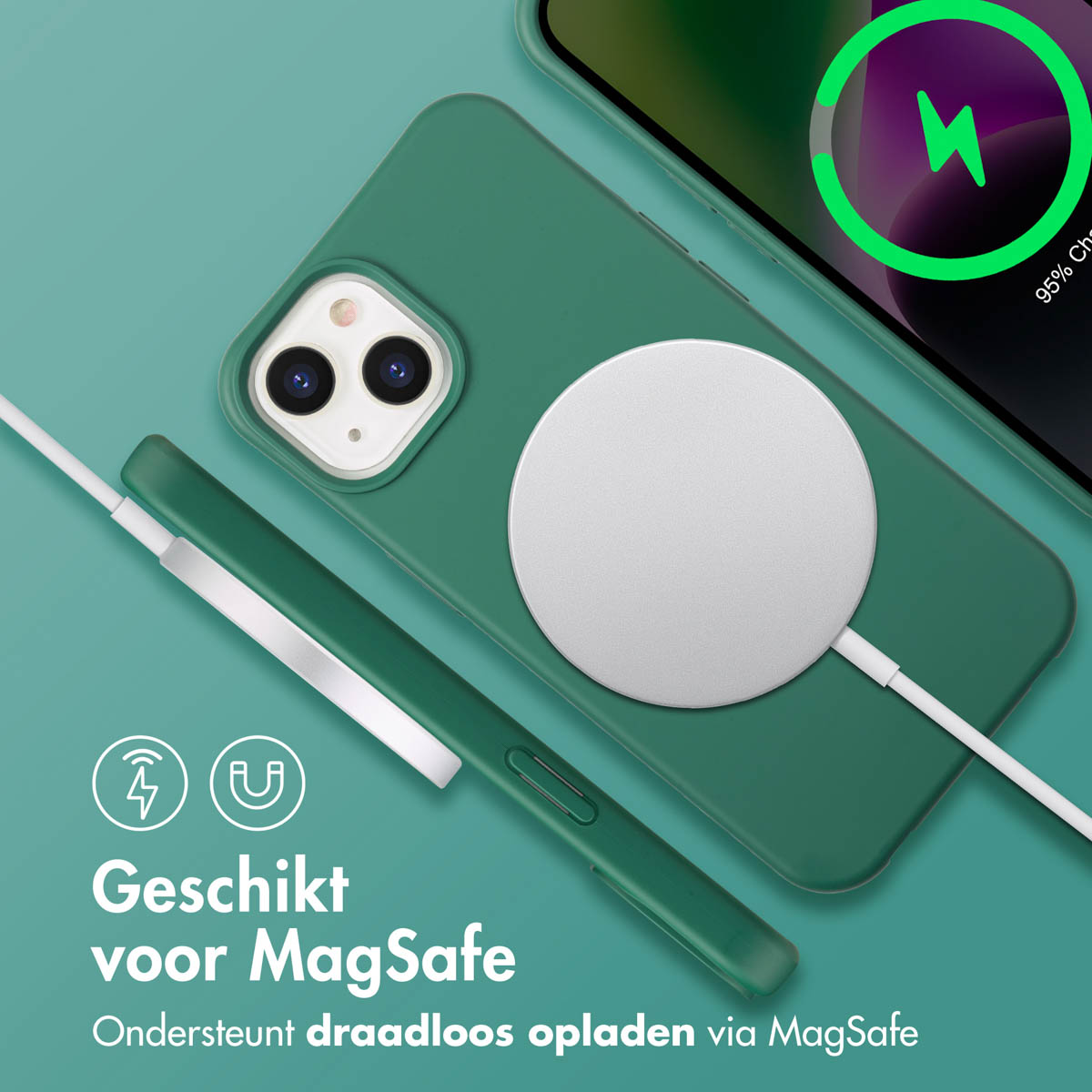 Groene telefoon met MagSafe-oplader. Telefoon laadt op. Tekst: 'Geschikt voor MagSafe' en 'Ondersteunt draadloos opladen via MagSafe'.