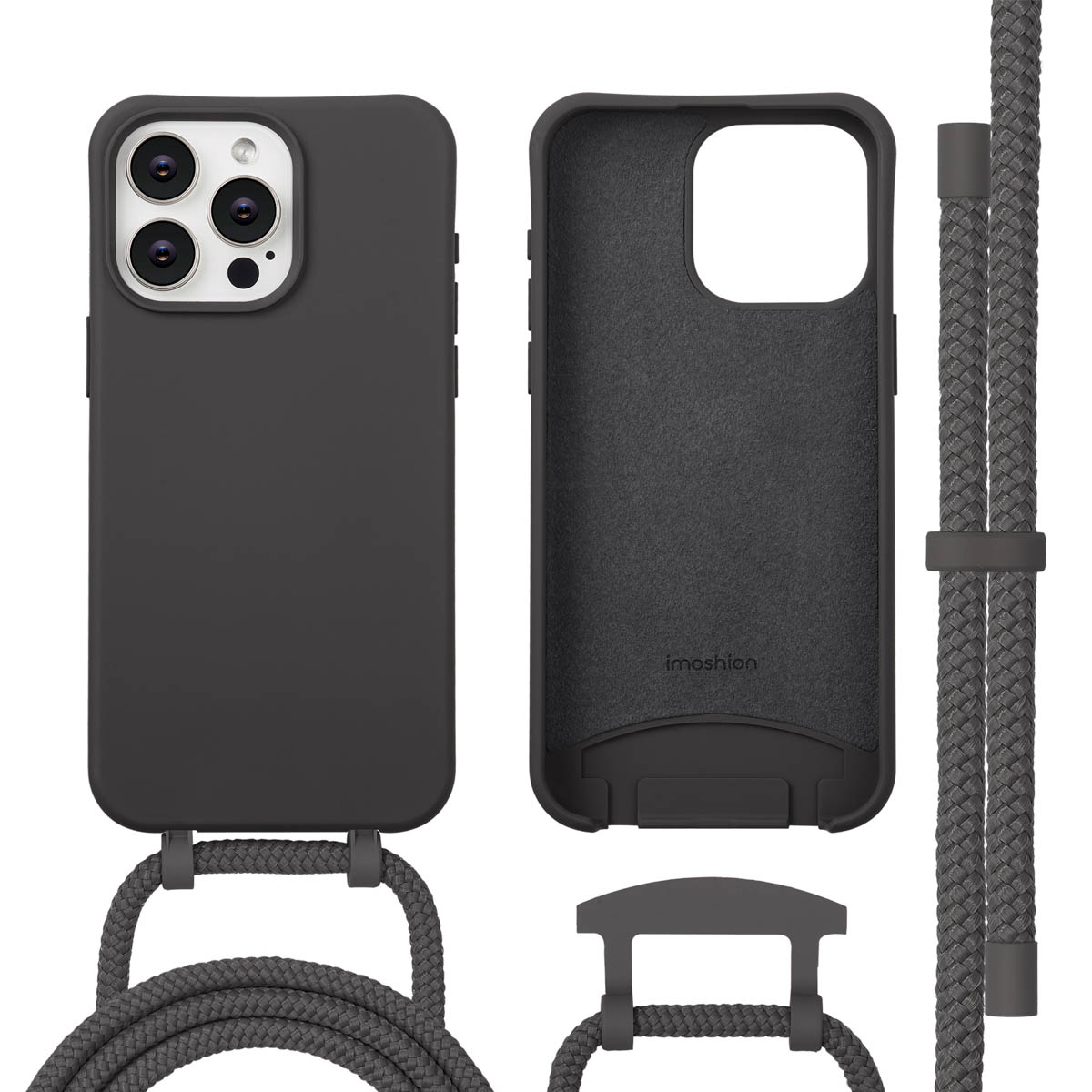 Een donkergrijze telefoonhoes met een riem, een aparte binnenhoes en een riemhouder worden weergegeven. De hoes heeft camera-uitsparingen.
