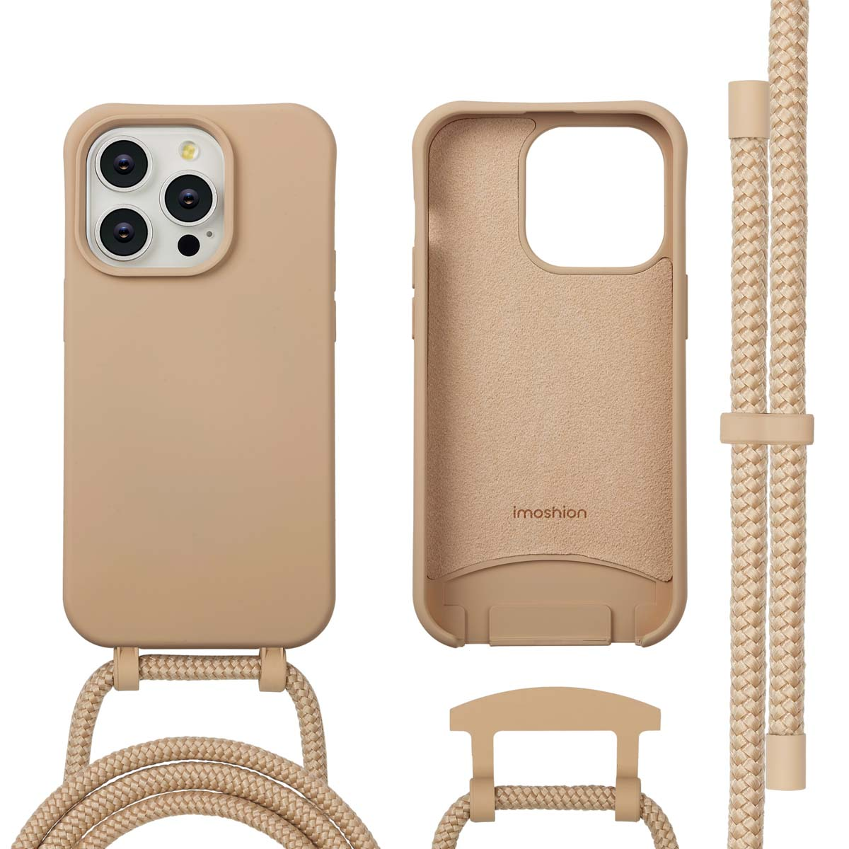 Beige telefoonhoesje met touw en accessoires. Eén hoesje toont de binnenkant. De andere is gesloten. Accessoires zijn een touw en een clip.