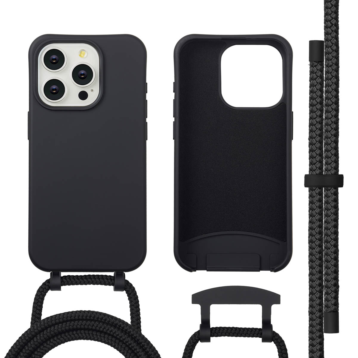 Coque de téléphone noire avec cordon noir. L'étui est à côté d'un étui vide et d'accessoires.