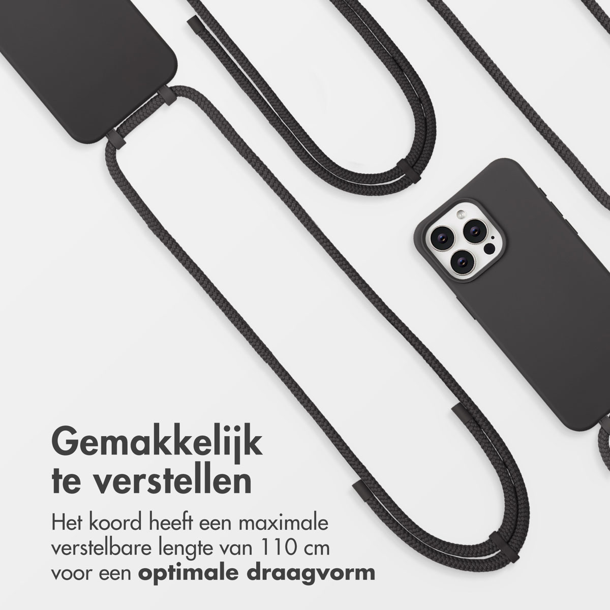 Zwarte telefoon met touw, tekst: 'Gemakkelijk te verstellen'. Maximaal verstelbare lengte van 110 cm voor optimaal draagcomfort.