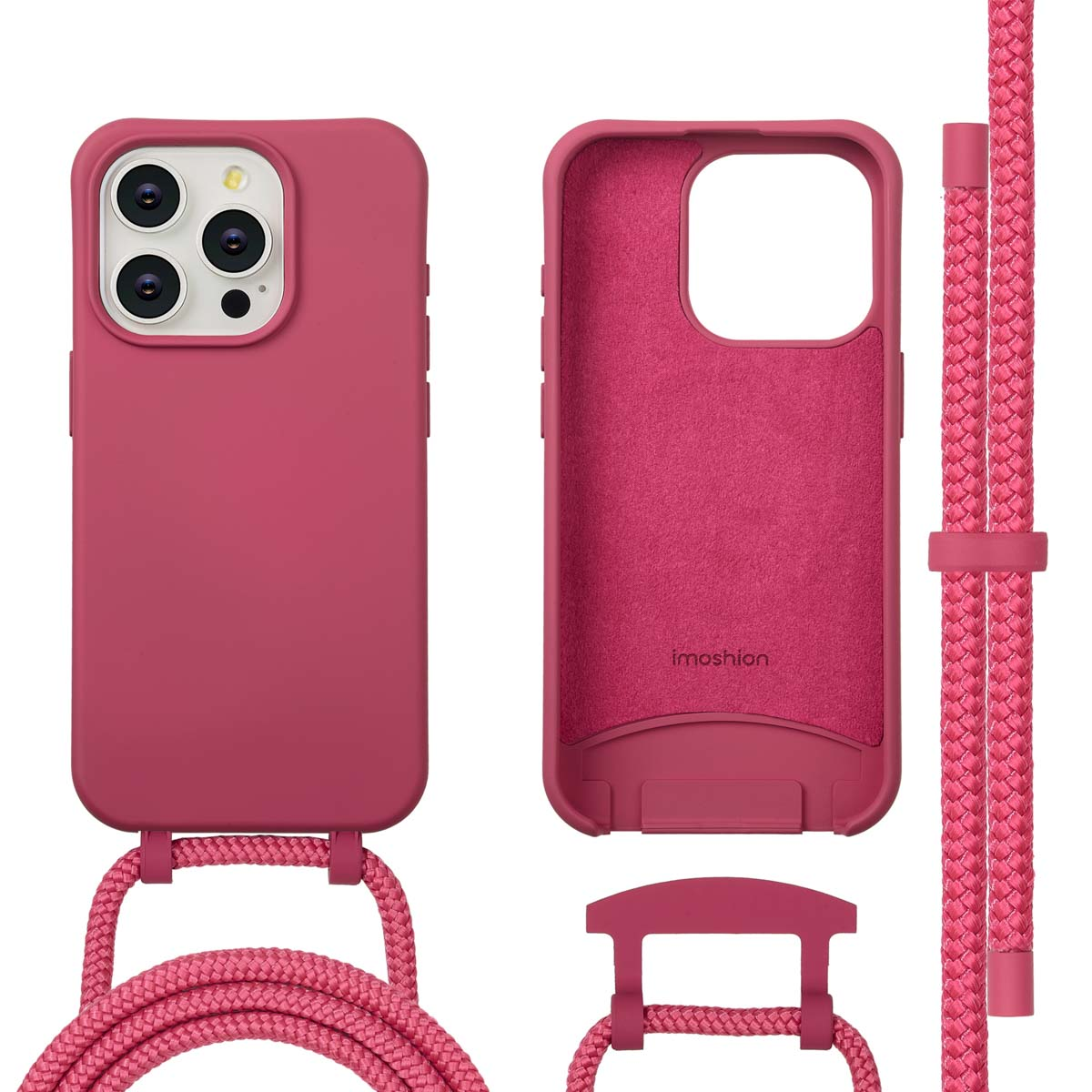 Roze telefoonhoesje met riem, aparte binnenhoes en riemcomponenten. De hoes is voor een telefoon met drie camera's.