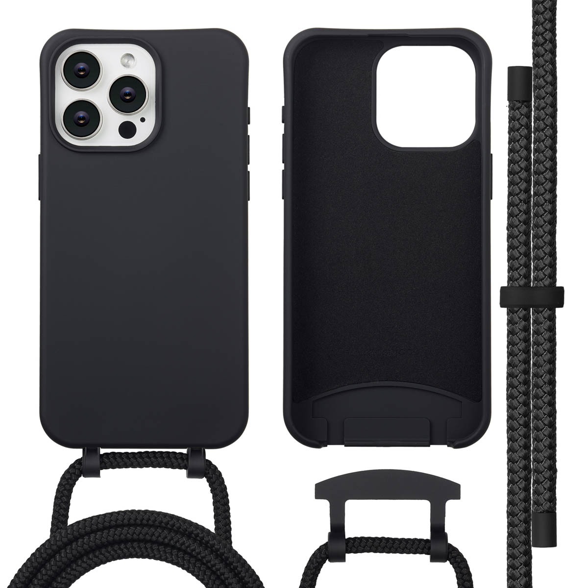 Zwarte telefoonhoes met een gevlochten koordriem, plus een extra hoes en accessoires tegen een witte achtergrond.