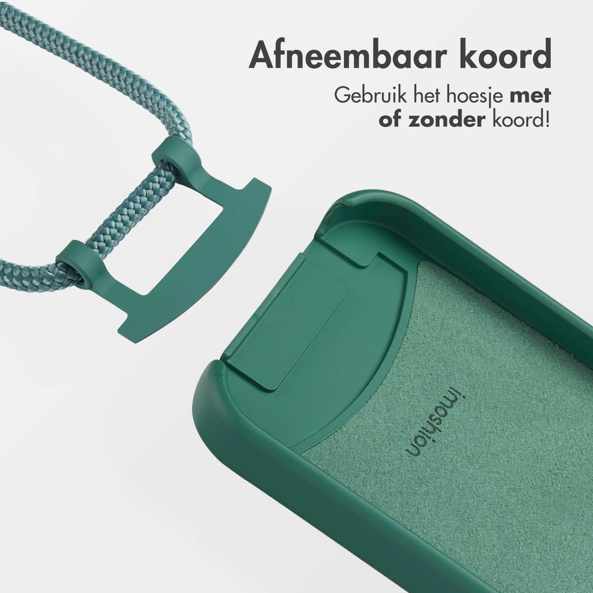 Een groene telefoonhoes met een afneembaar koord. Nederlandse tekst: 'afneembaar koord'. De hoes is gedeeltelijk open.