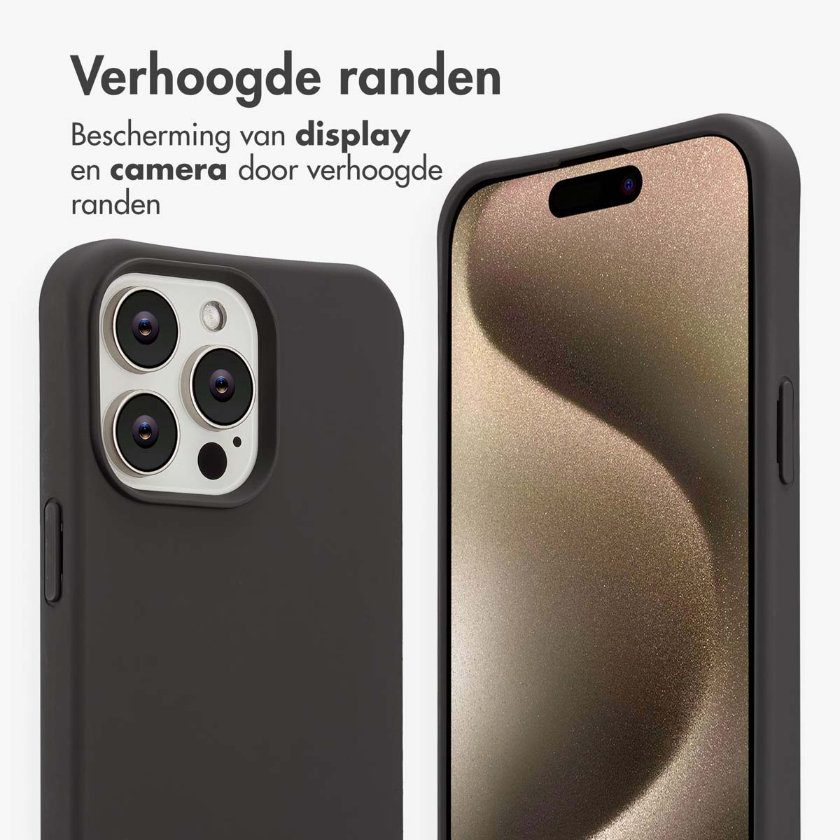 Twee zwarte telefoonhoesjes. Eén toont cameralenzen, de andere het scherm. Tekst bovenaan: Verhoogde randen.