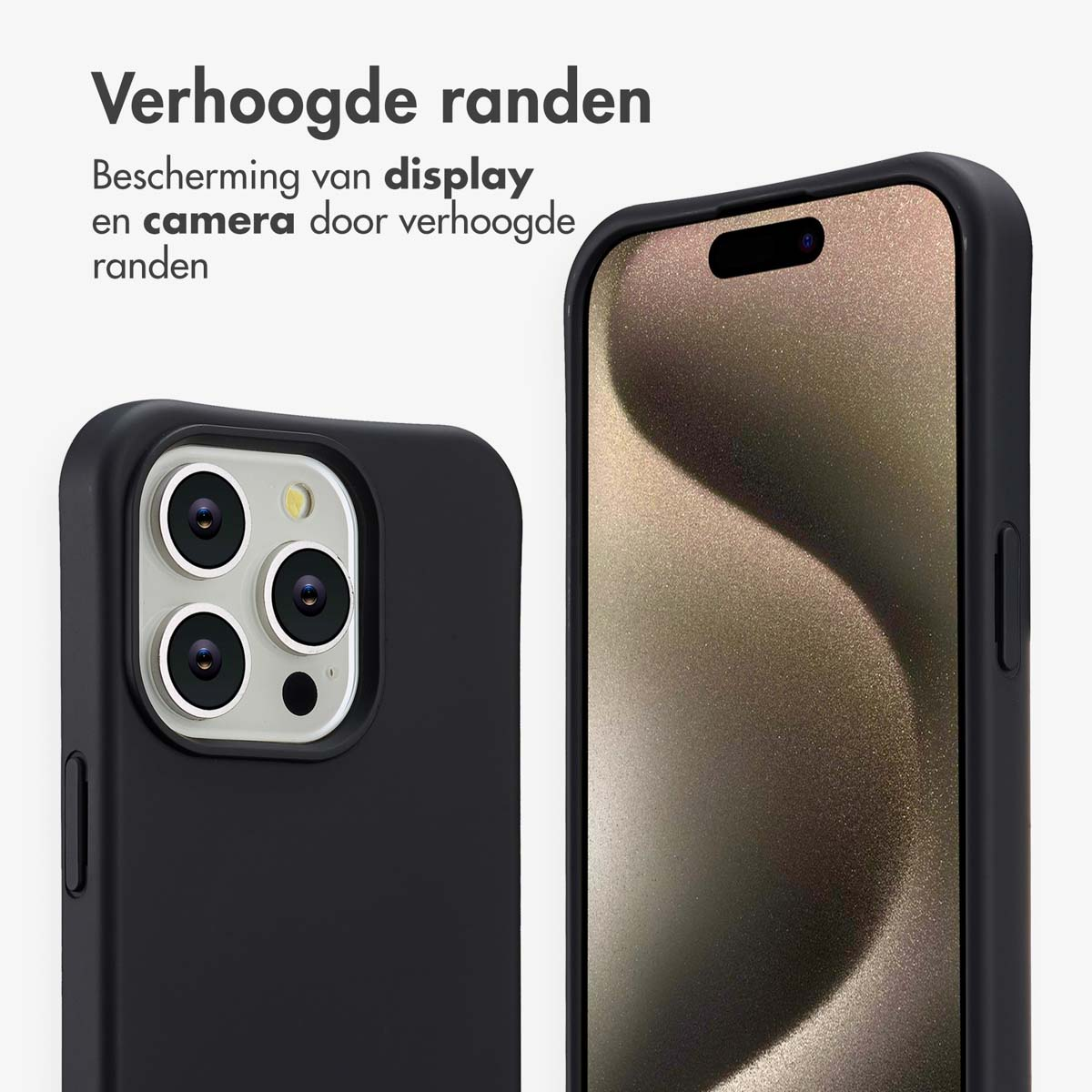 Deux coques de téléphone noires avec un téléphone. La coque gauche a des lentilles de caméra. La coque droite affiche un écran. Texte : Verhoogde randen, protection.