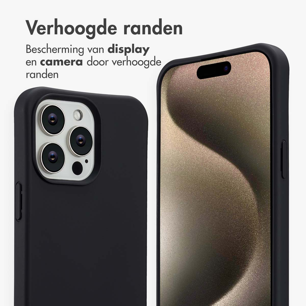 Twee zwarte telefoonhoesjes tonen bescherming. Eén toont cameralenzen, de andere onthult het scherm. Tekst benadrukt verhoogde randen.